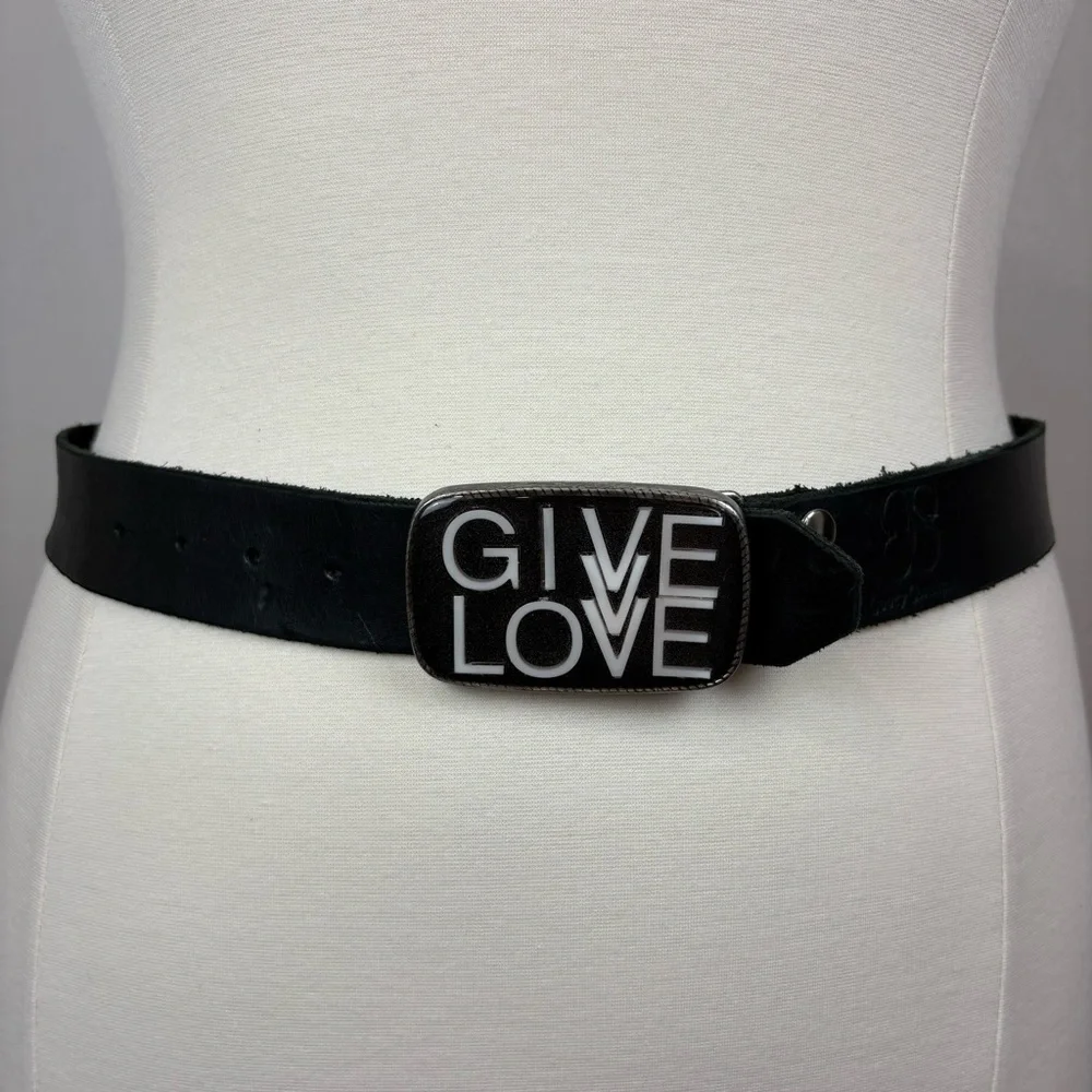 Booty Boutique Vintage Black Leather Belt Give Love Belt Buckle Size XL Vintage